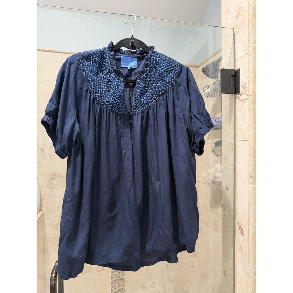 Alice Walk Blue Viscose Short Sleeve Smocked Ruffle Blouse Top Large